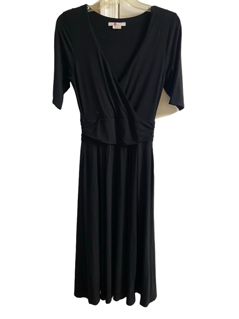 Boden Classic Black Midi Dress with V-Neck A line Jersey knit Pockets Sz 4